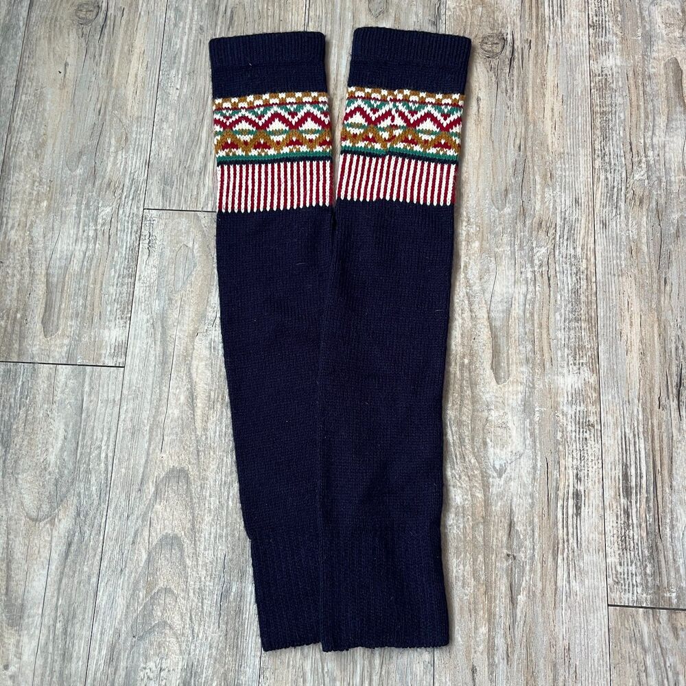 Vintage Arm Warmers Knit Nordic Navy Red Winter Christmas Holiday